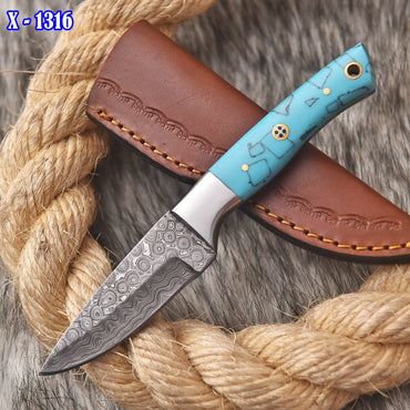 Hand Forged Damascus Steel Full Tang Skinner Camping Knife Resin Handle
