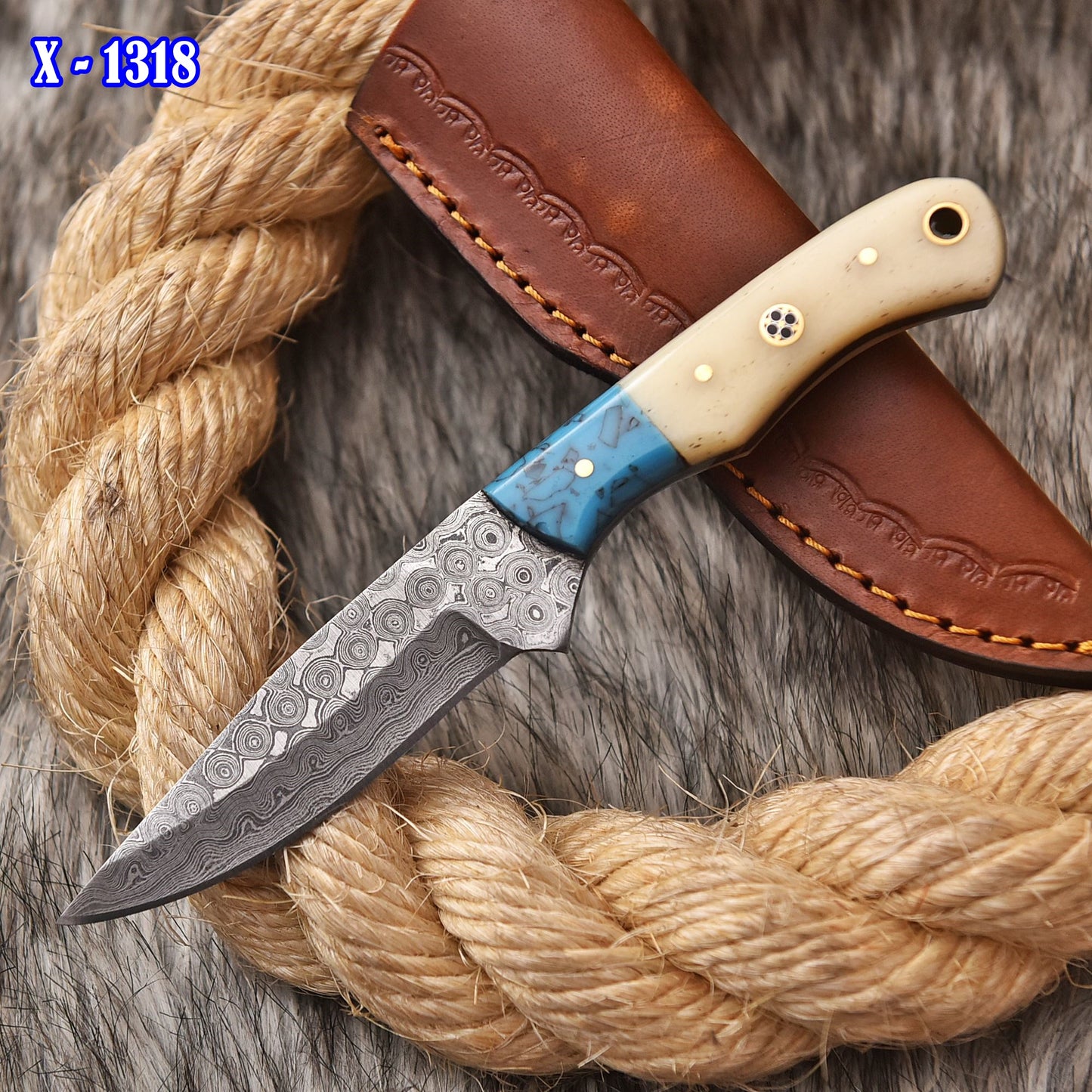 Handmade Damascus Steel Skinner Knife Camel Bone Resin Handle Full Tang