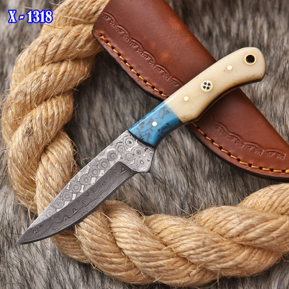 Handmade Damascus Steel Skinner Knife Camel Bone Resin Handle Full Tang
