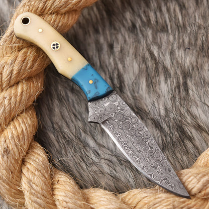 Handmade Damascus Steel Skinner Knife Camel Bone Resin Handle Full Tang