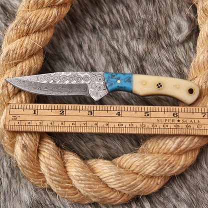 Handmade Damascus Steel Skinner Knife Camel Bone Resin Handle Full Tang