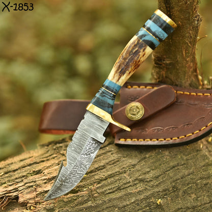 Hand Forged Damascus Steel Fixed Blade Hiking Camping Skinner Knife Stage Handle