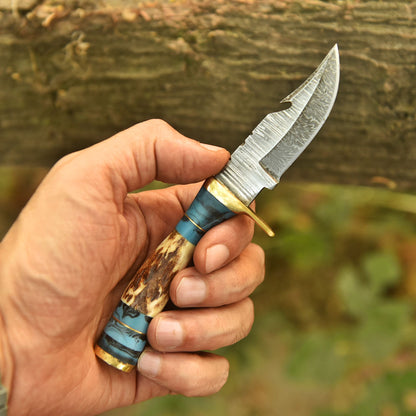 Hand Forged Damascus Steel Fixed Blade Hiking Camping Skinner Knife Stage Handle