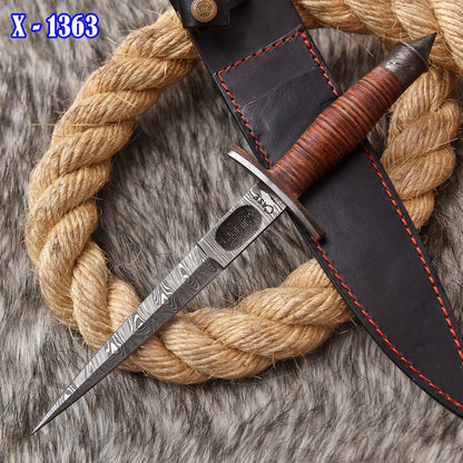 Handmade Damascus Steel Double Edge Blade Dagger Knife Leather Handle