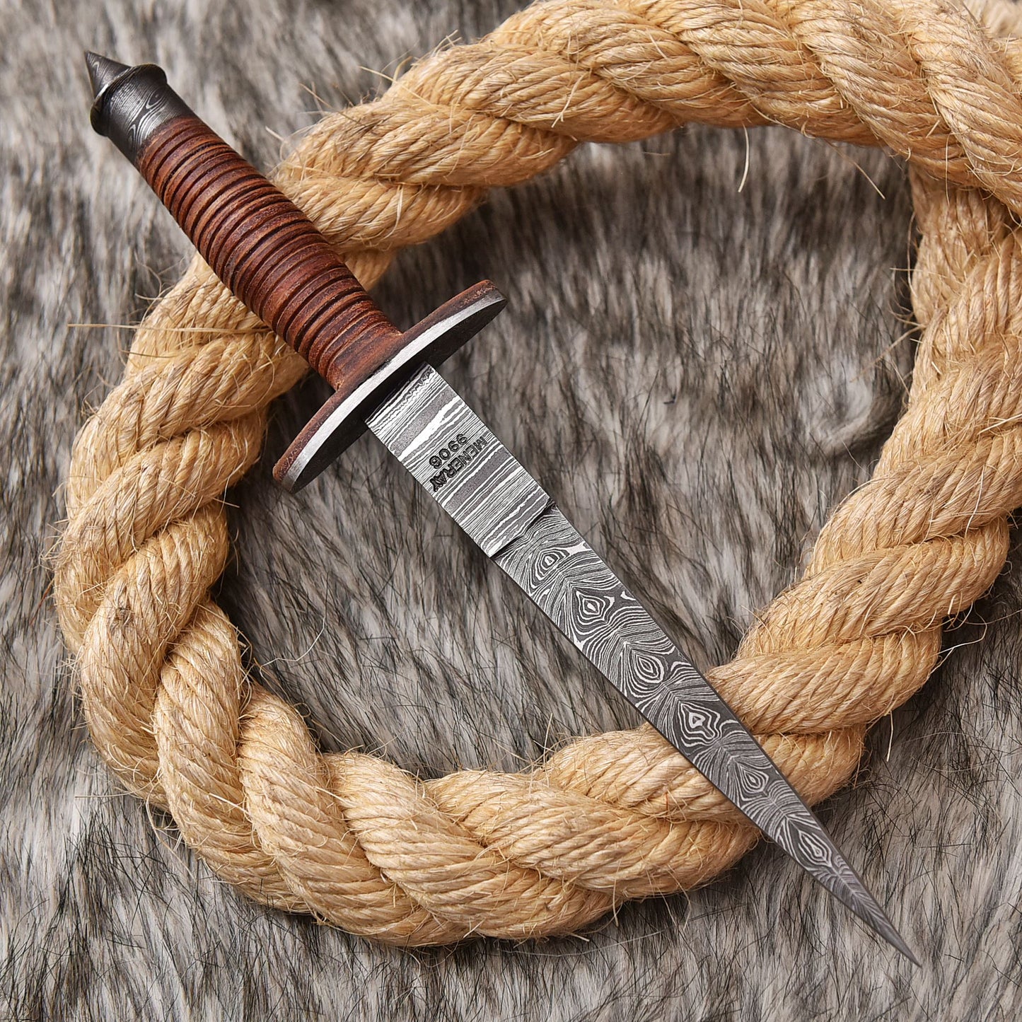 Handmade Damascus Steel Double Edge Blade Dagger Knife Leather Handle