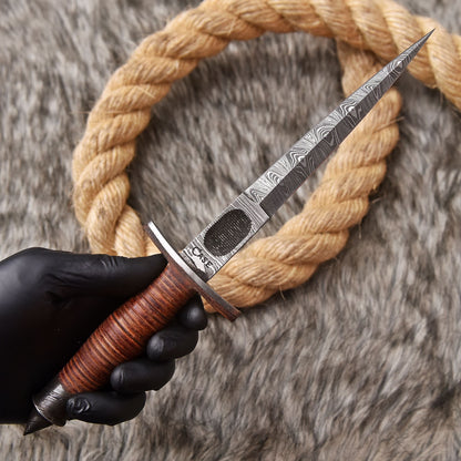 Handmade Damascus Steel Double Edge Blade Dagger Knife Leather Handle