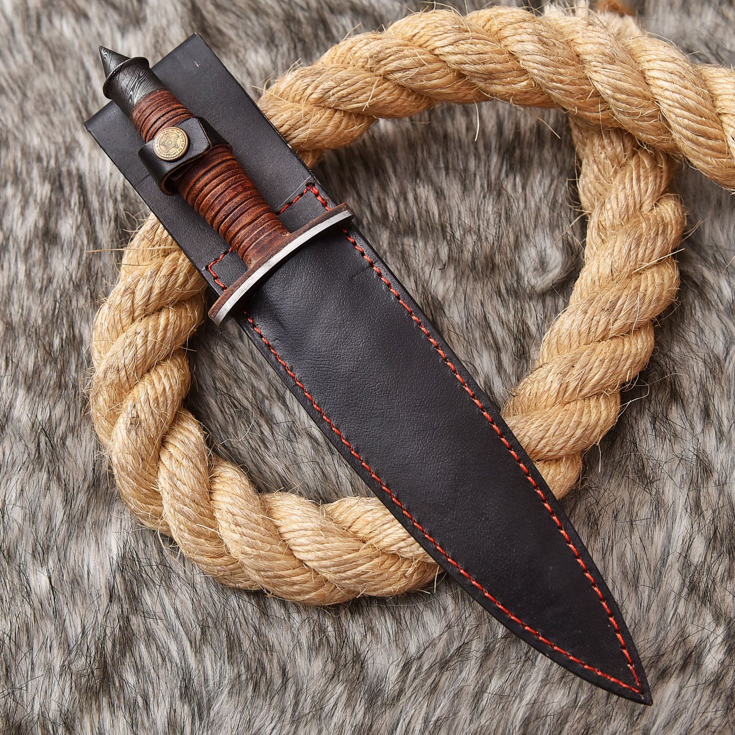 Handmade Damascus Steel Double Edge Blade Dagger Knife Leather Handle