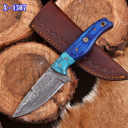 Handmade Damascus Steel Tactical Skinner Knife Wood Resin Handle EDC
