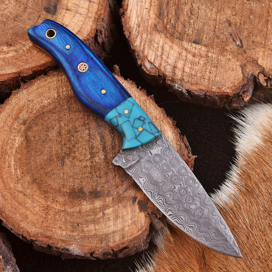 Handmade Damascus Steel Tactical Skinner Knife Wood Resin Handle EDC