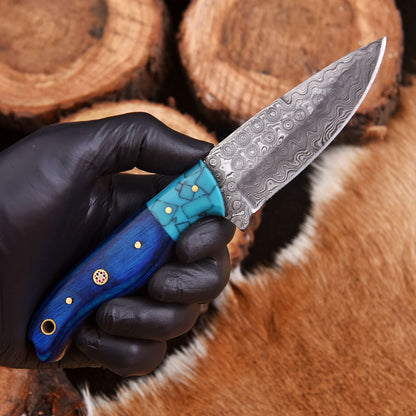 Handmade Damascus Steel Tactical Skinner Knife Wood Resin Handle EDC