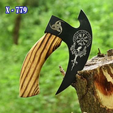 Small Forged Carbon Steel Pizza Cutter Axe with Burn Ash Wood Shaft - Viking Axe