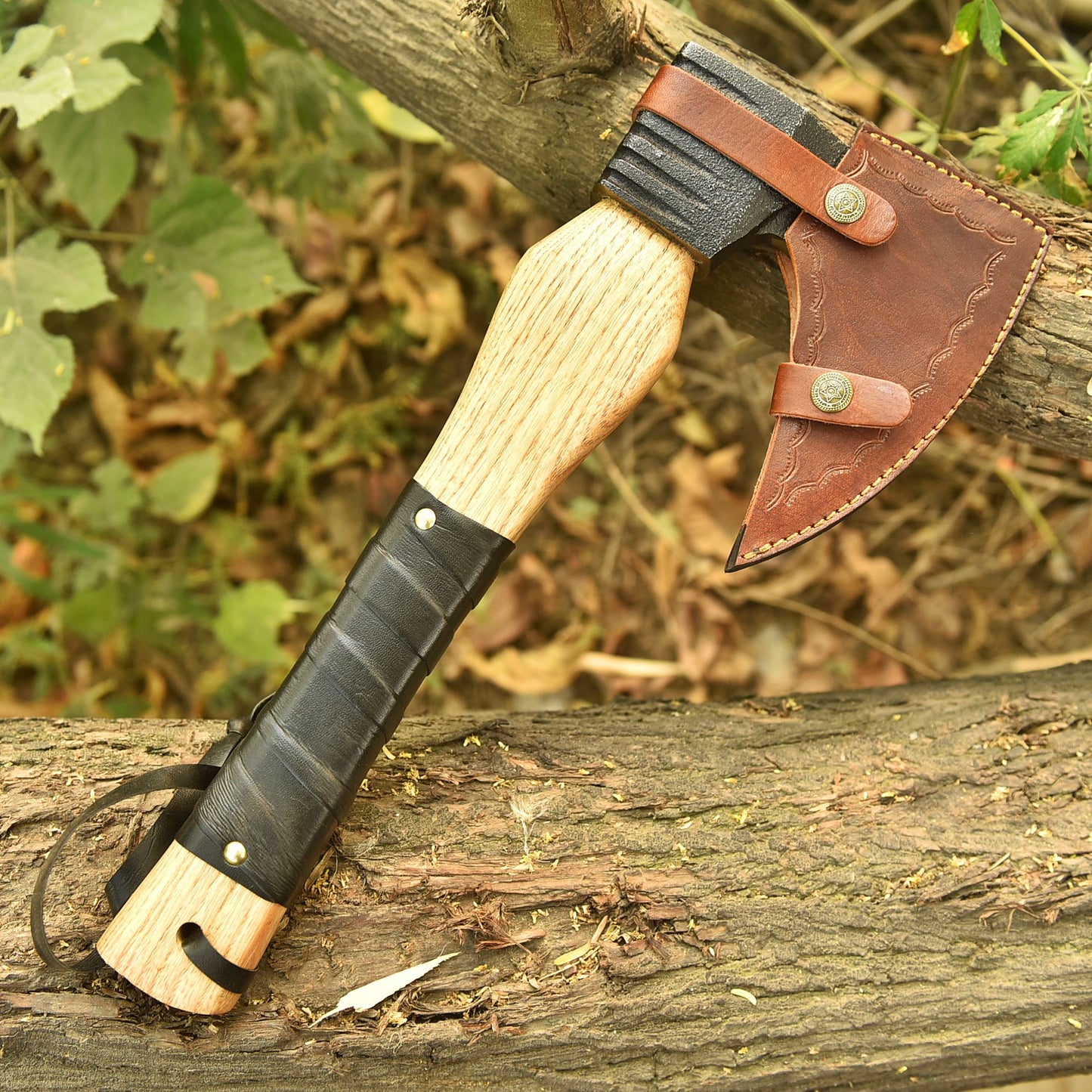 Hand Forged Viking Inspired Bearded Axe Wooden Handle with Leather Wrap