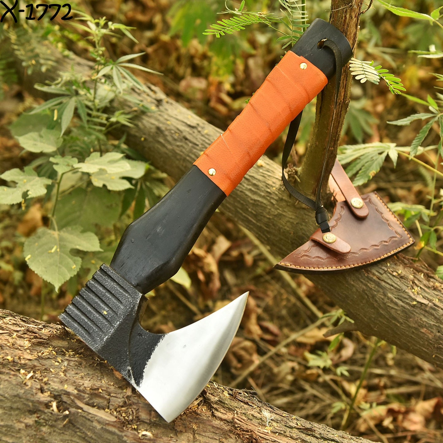 Artisan Hand Forged Carbon Steel Axe  Wood Leather Wrapped Handle