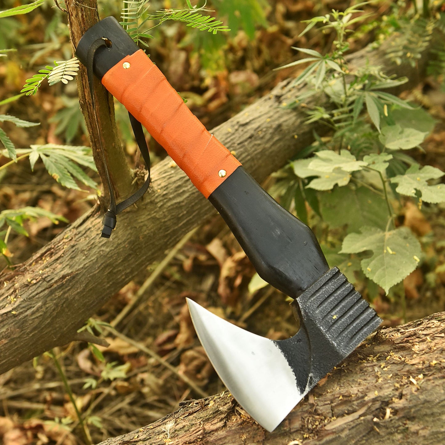 Artisan Hand Forged Carbon Steel Axe  Wood Leather Wrapped Handle