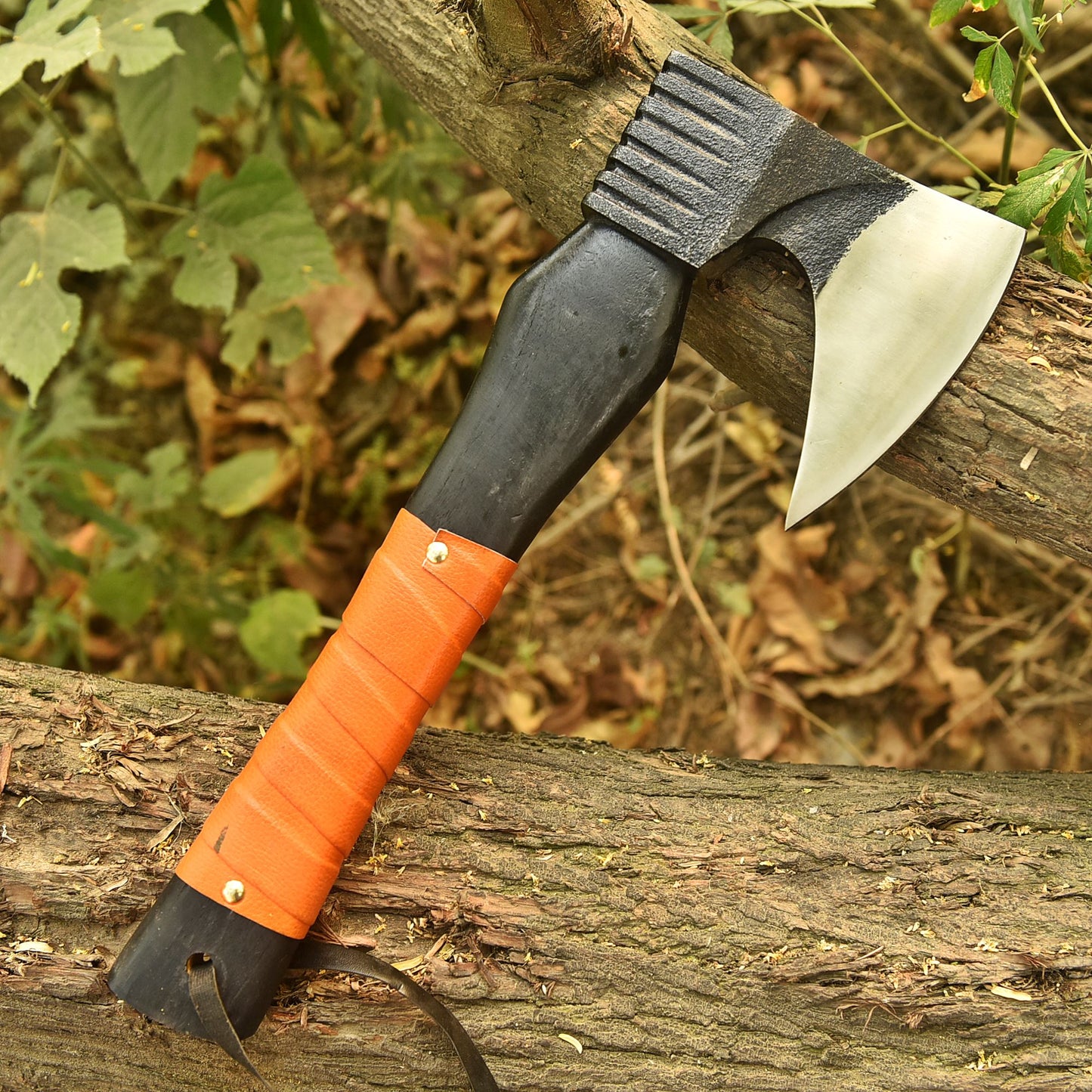 Artisan Hand Forged Carbon Steel Axe  Wood Leather Wrapped Handle