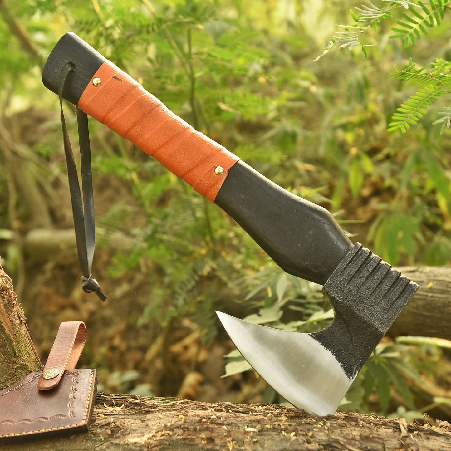 Artisan Hand Forged Carbon Steel Axe  Wood Leather Wrapped Handle