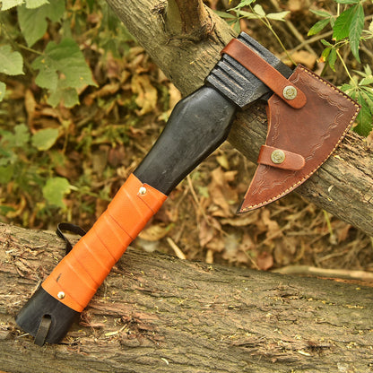 Artisan Hand Forged Carbon Steel Axe  Wood Leather Wrapped Handle