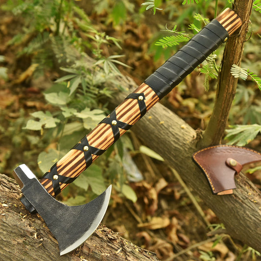 Medieval Viking Inspired Bearded Axe Leather Wrapped Wood Handle