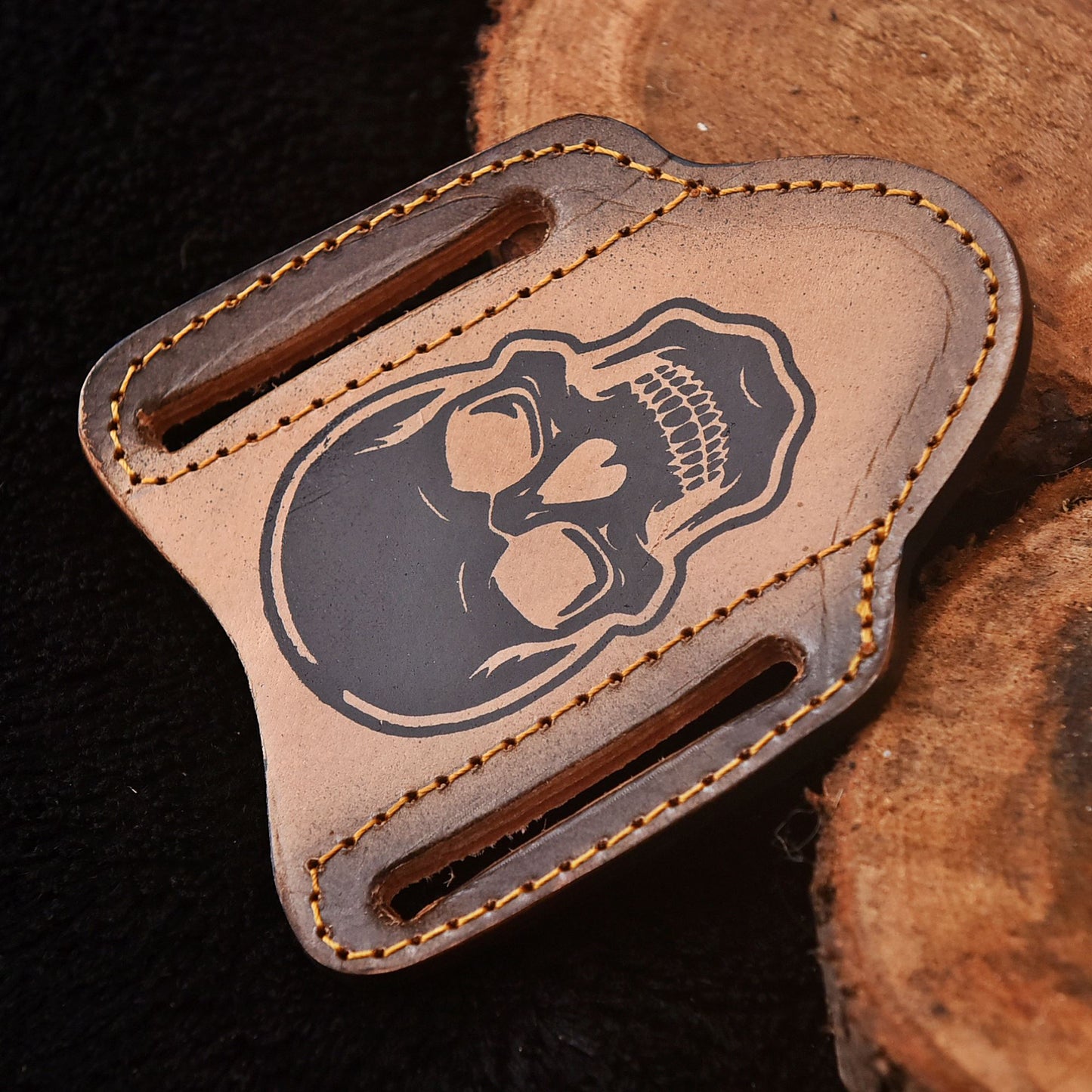 Handmade Skull Engraved Leather Folding Knife Sheath Tactical EDC Carry
