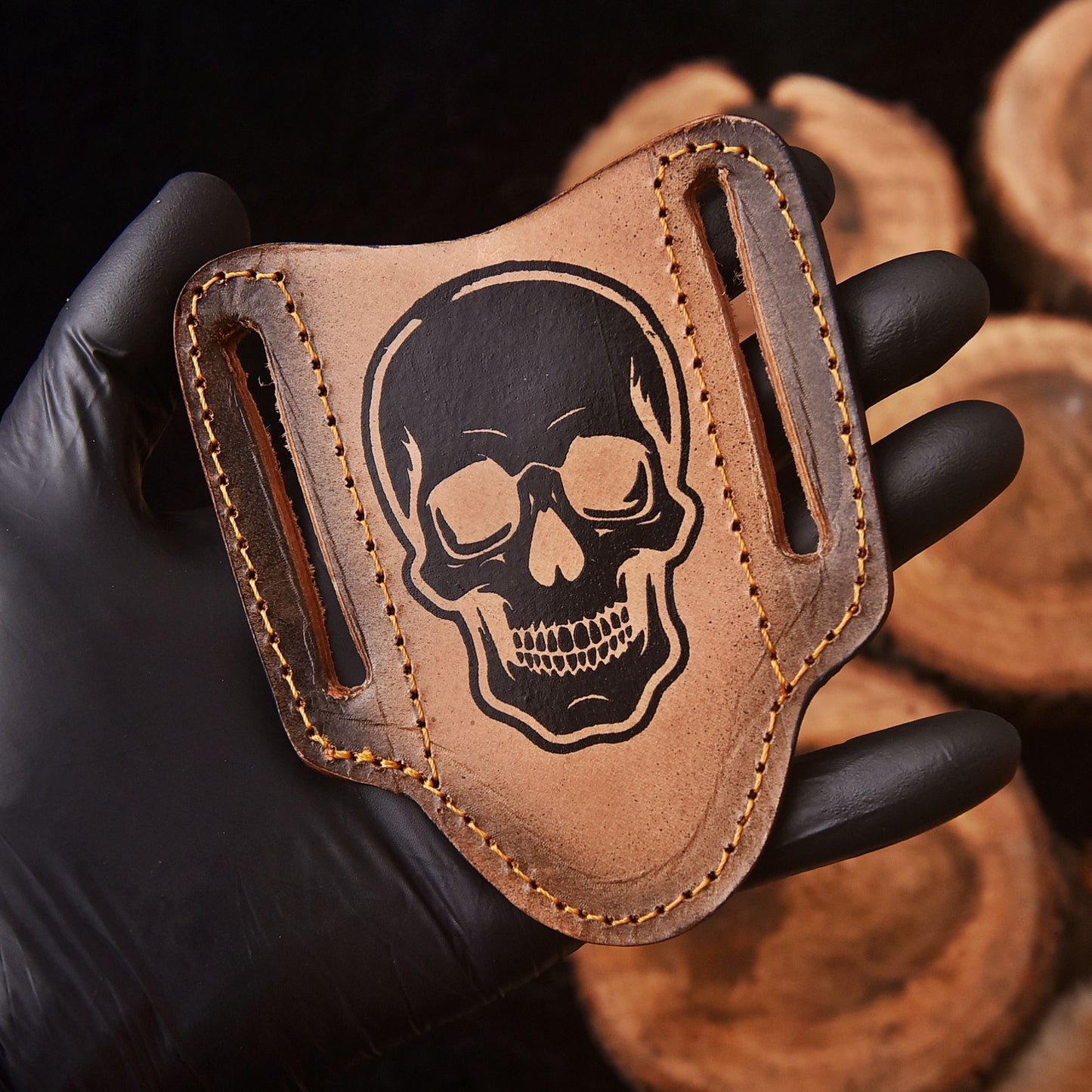 Handmade Skull Engraved Leather Folding Knife Sheath Tactical EDC Carry