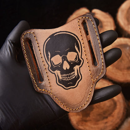 Handmade Skull Engraved Leather Folding Knife Sheath Tactical EDC Carry
