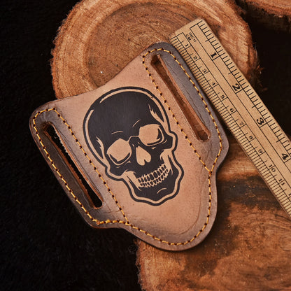 Handmade Skull Engraved Leather Folding Knife Sheath Tactical EDC Carry
