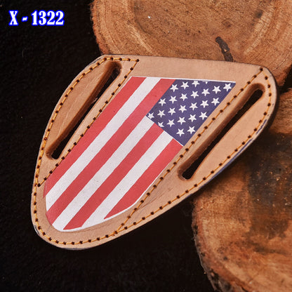 Handmade Heavy Duty American Flag Engraved Leather Folding Knife Sheath