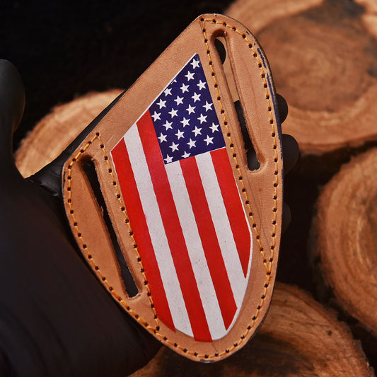 Handmade Heavy Duty American Flag Engraved Leather Folding Knife Sheath