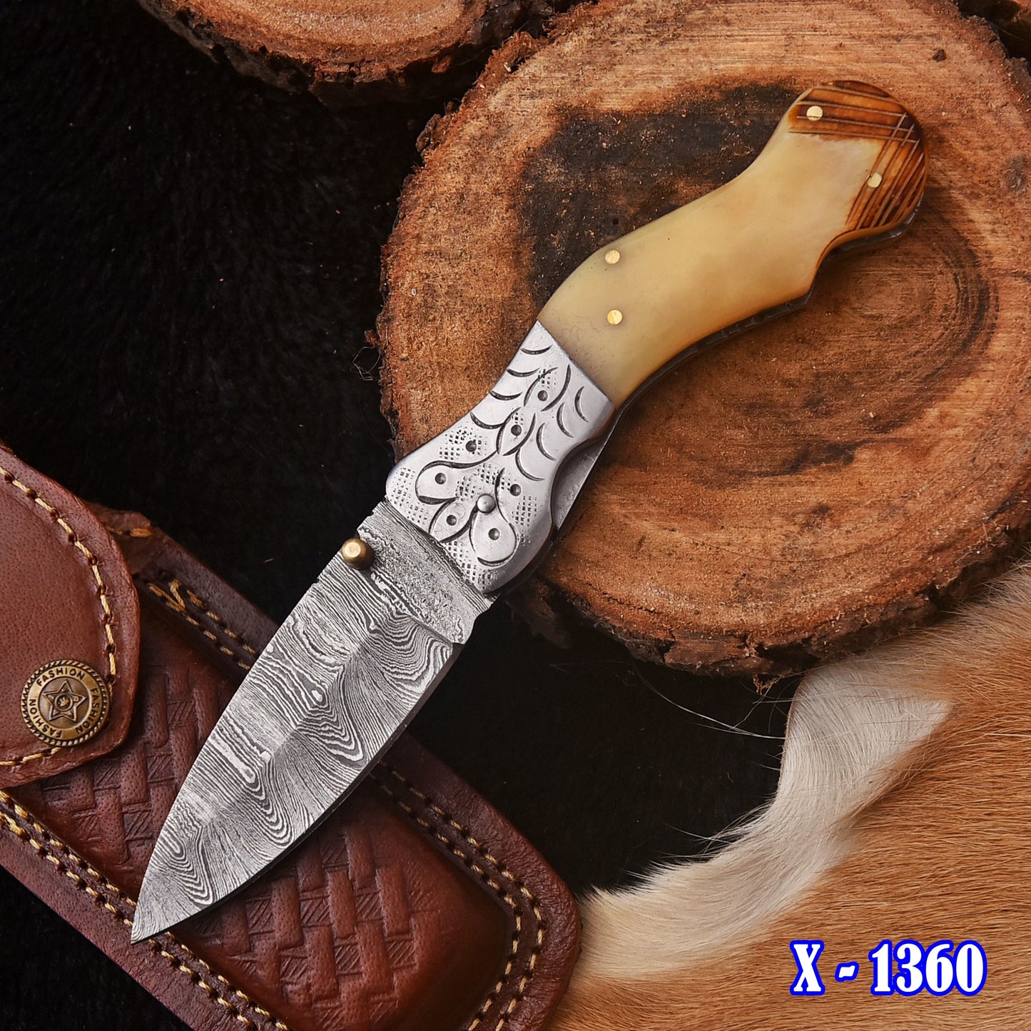 Handmade Damascus Steel Folding Blade Pocket Camping Knife Camel Handle