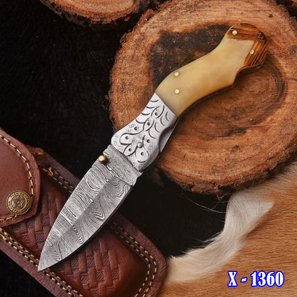Handmade Damascus Steel Folding Blade Pocket Camping Knife Camel Handle