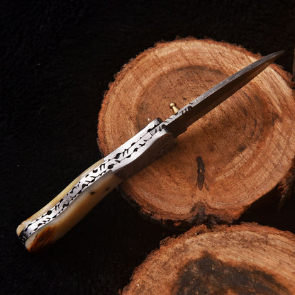 Handmade Damascus Steel Folding Blade Pocket Camping Knife Camel Handle