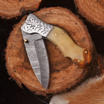 Handmade Damascus Steel Folding Blade Pocket Camping Knife Camel Handle