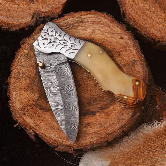 Handmade Damascus Steel Folding Blade Pocket Camping Knife Camel Handle