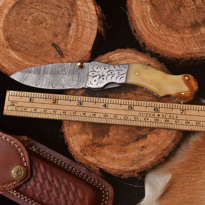 Handmade Damascus Steel Folding Blade Pocket Camping Knife Camel Handle
