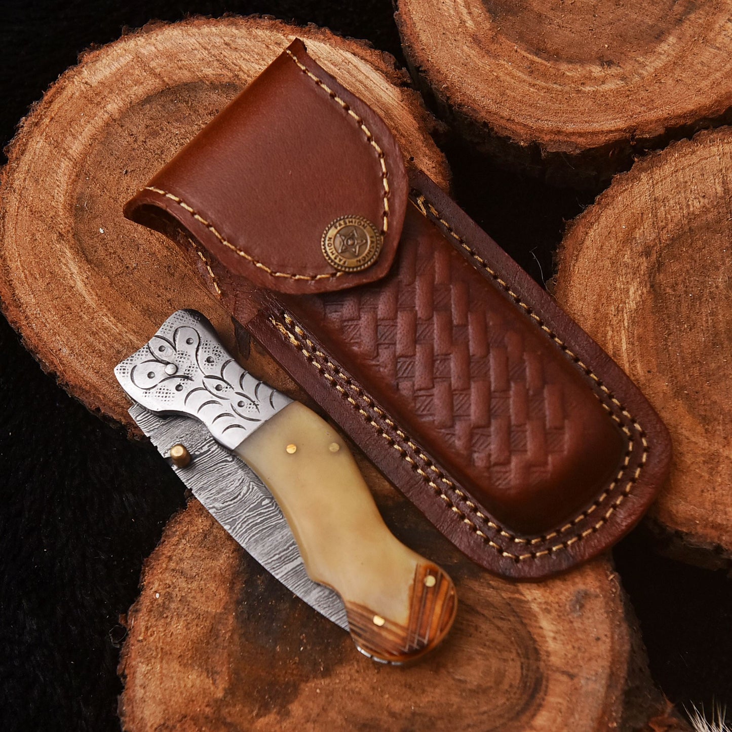 Handmade Damascus Steel Folding Blade Pocket Camping Knife Camel Handle