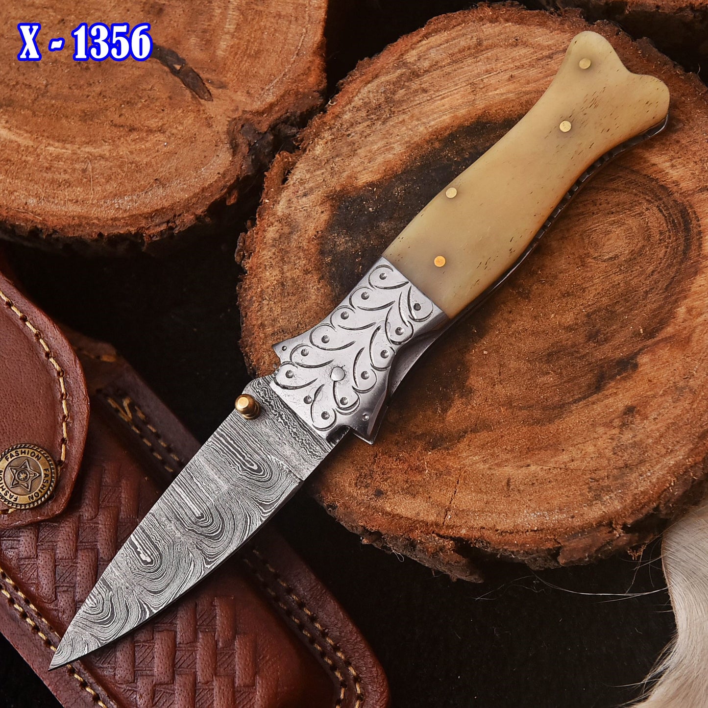 Handmade Damascus Pocket Folding Blade Knife Camel Bone Handle Camping Knife