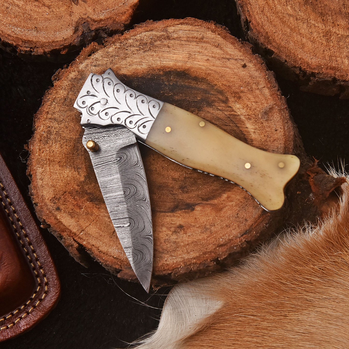 Handmade Damascus Pocket Folding Blade Knife Camel Bone Handle Camping Knife