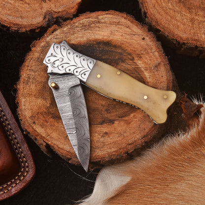 Handmade Damascus Pocket Folding Blade Knife Camel Bone Handle Camping Knife
