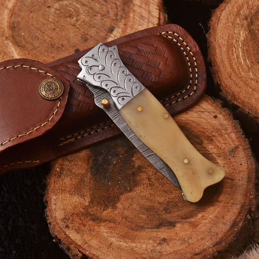 Handmade Damascus Pocket Folding Blade Knife Camel Bone Handle Camping Knife