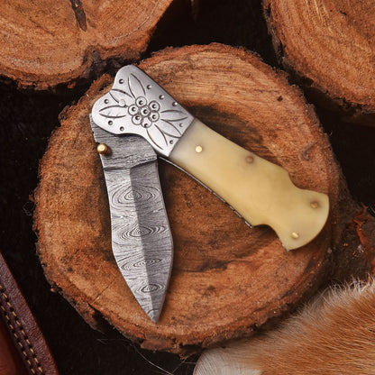 Handmade Damascus Folding Blade Pocket Knife Camel Bone Handle