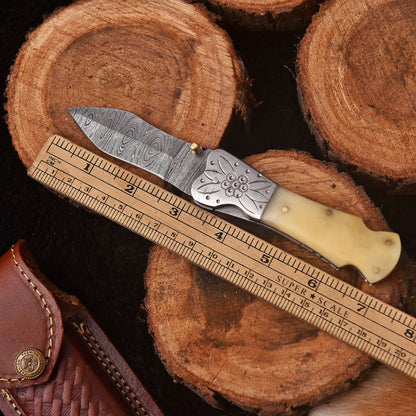 Handmade Damascus Folding Blade Pocket Knife Camel Bone Handle