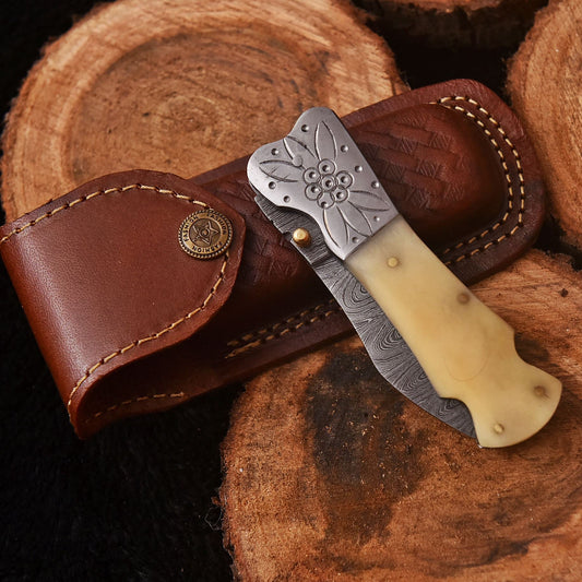 Handmade Damascus Folding Blade Pocket Knife Camel Bone Handle