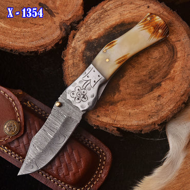 Handmade Damascus Folding Blade Pocket Hunting Knife Camel Bone Handle