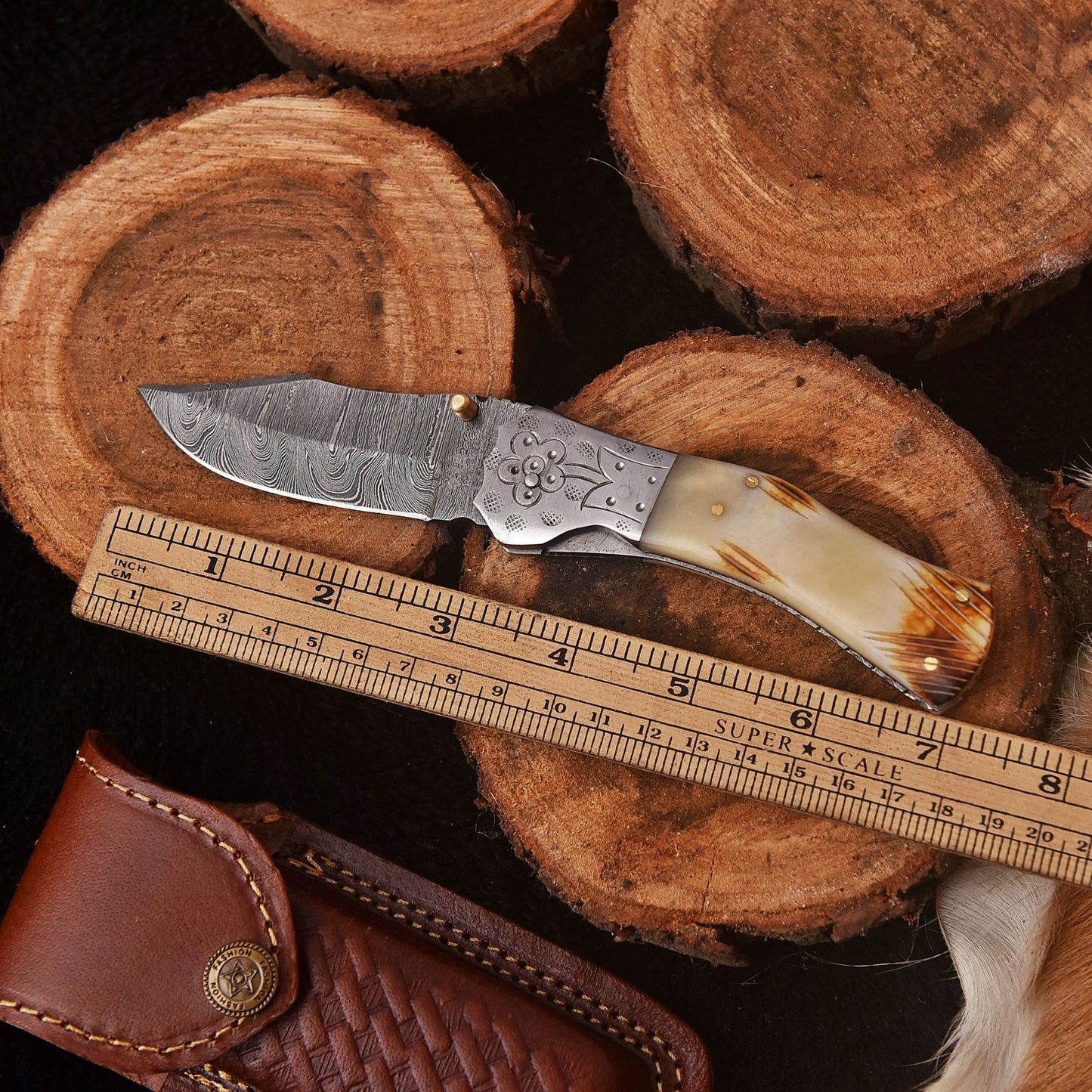 Handmade Damascus Folding Blade Pocket Hunting Knife Camel Bone Handle