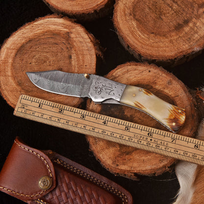 Handmade Damascus Folding Blade Pocket Hunting Knife Camel Bone Handle