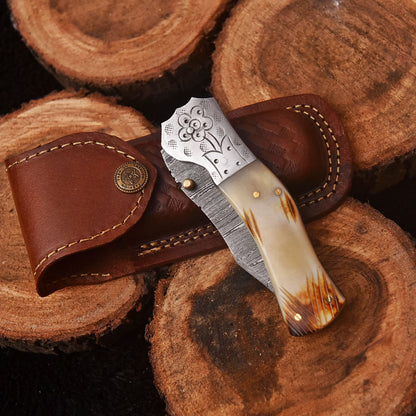 Handmade Damascus Folding Blade Pocket Hunting Knife Camel Bone Handle
