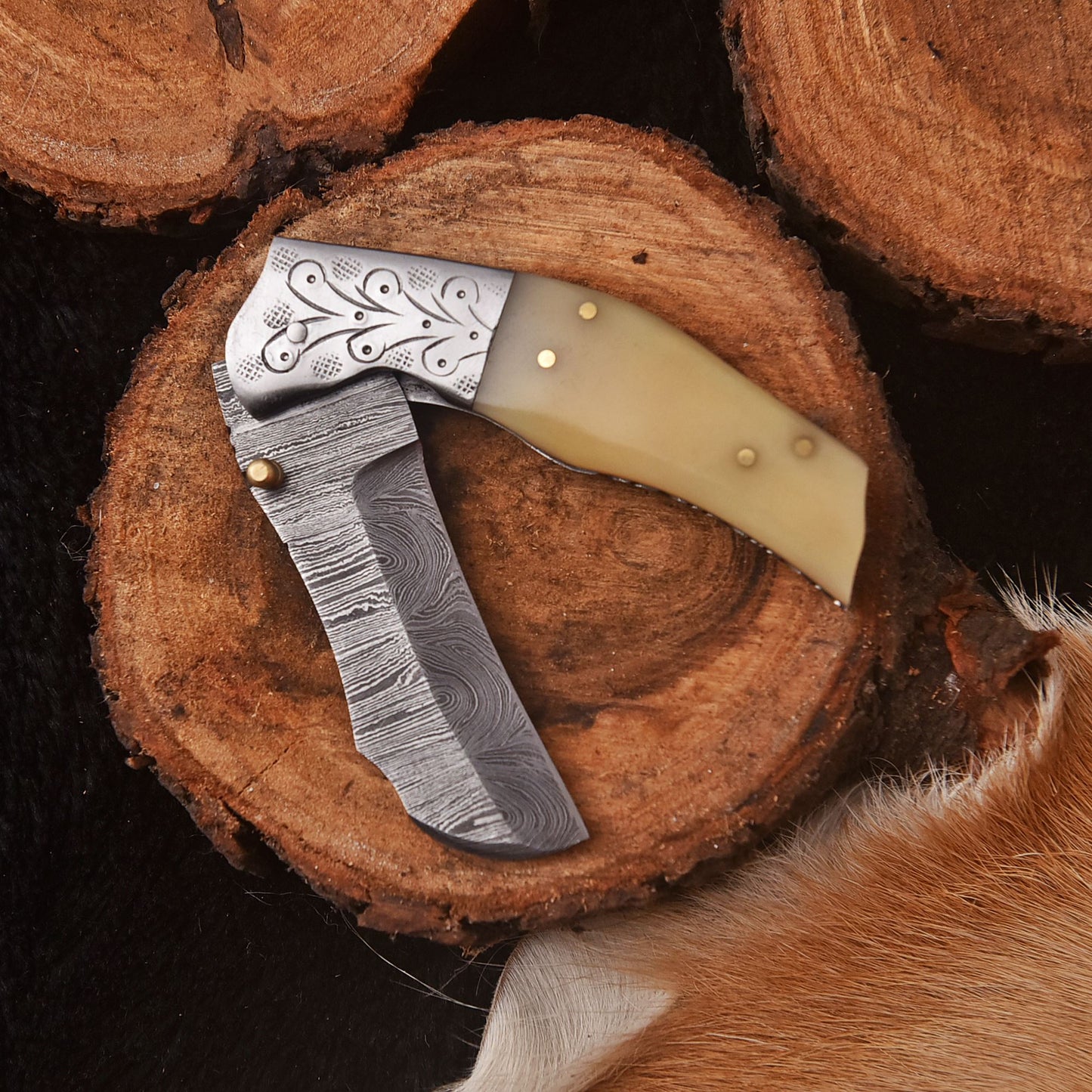 Handmade Damascus Folding Blade Pocket Camping Knife Camel Bone Handle