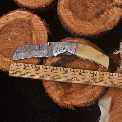 Handmade Damascus Folding Blade Pocket Camping Knife Camel Bone Handle