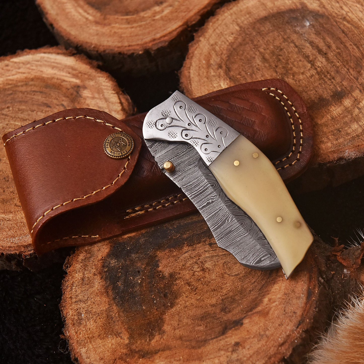 Handmade Damascus Folding Blade Pocket Camping Knife Camel Bone Handle