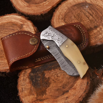 Handmade Damascus Folding Blade Pocket Camping Knife Camel Bone Handle